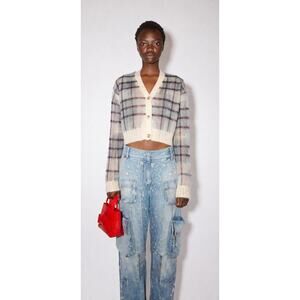 Acne Studios Check Mohair Cropped Cardigan Blue Plaid Medium Luxury Wool Sweater